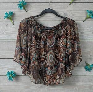 NWT Shyanne Peasant top Size XS Brown Blue white western country floral flowy